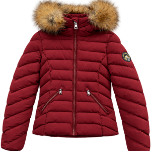 Abrigo acolchado Superdry granate con capucha de pelo