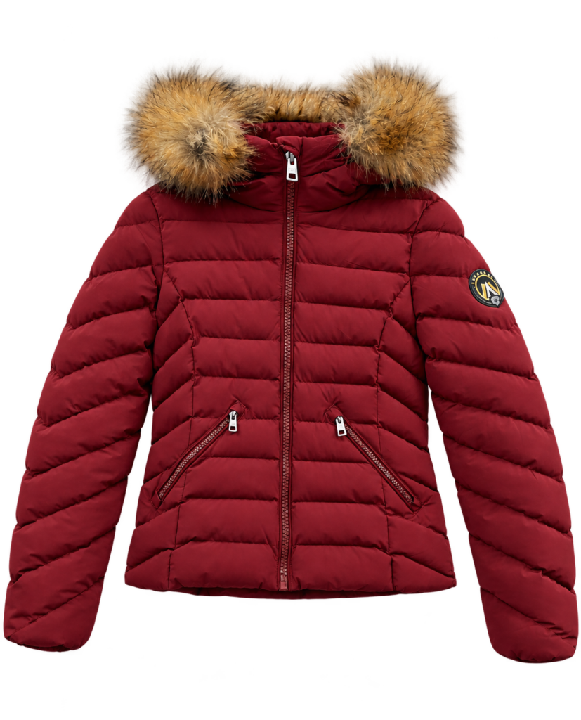 Abrigo acolchado Superdry granate con capucha de pelo