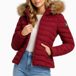 Abrigo acolchado Superdry granate con capucha de pelo