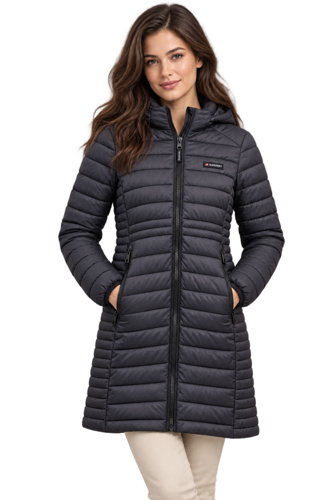 Chaqueta Acolchada Larga Superdry Mujer con Capucha – Negra