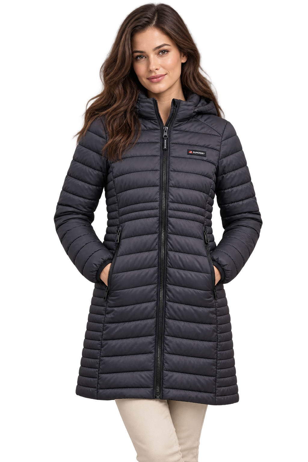 Chaqueta Acolchada Larga Superdry Mujer con Capucha – Negra