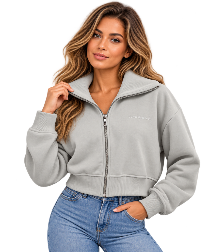 Sudadera Calvin Klein Jeans Mujer Corta con Cremallera – Gris Claro