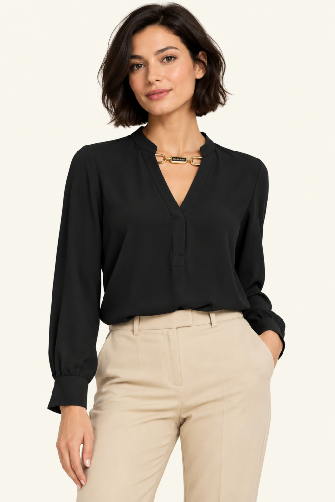 Blusa negra MARCIANO by GUESS con detalle dorado en el escote