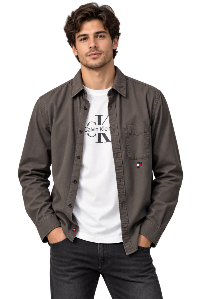 Camisa Tommy Hilfiger Jeans Hombre Gris Oscuro de Manga Larga